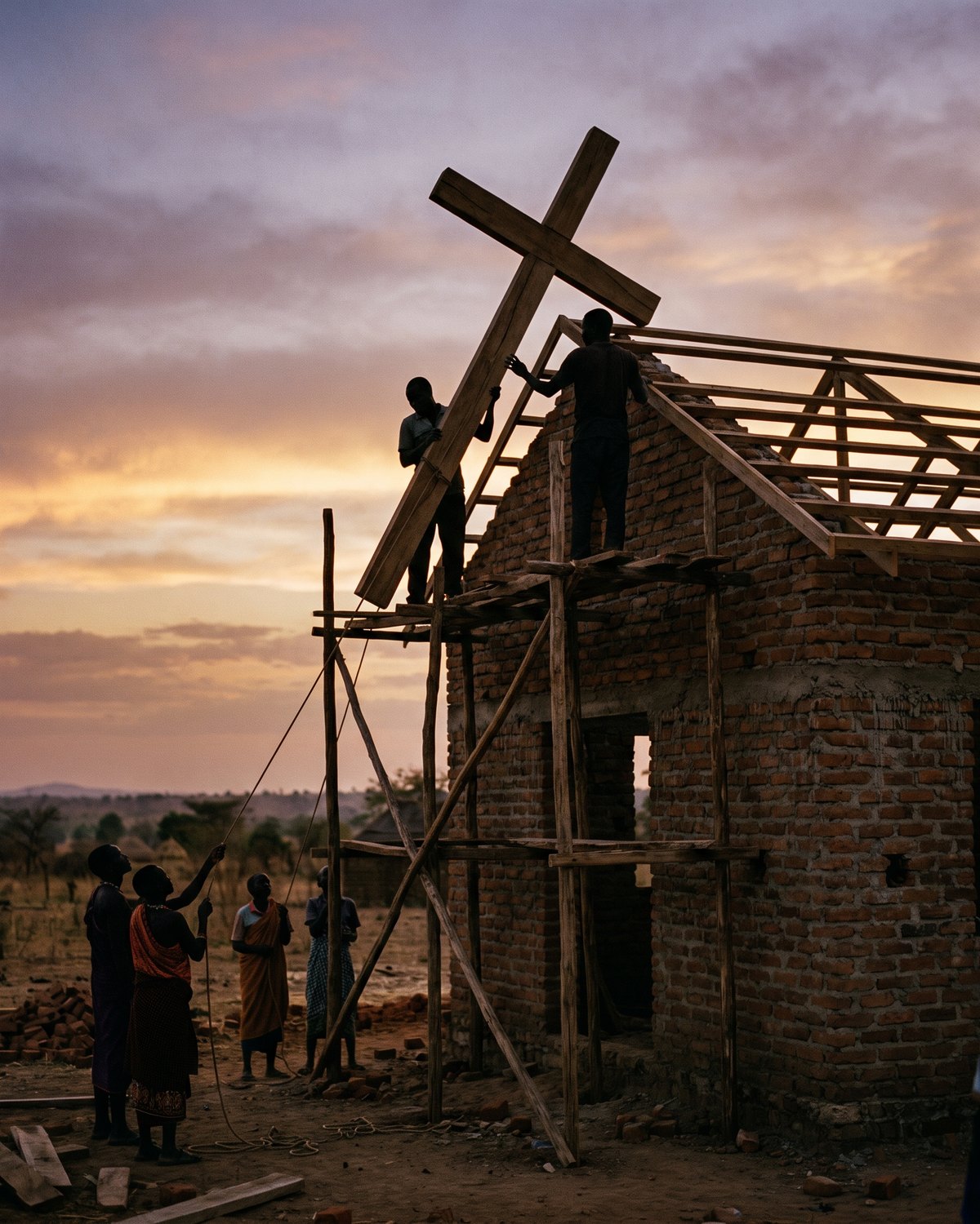 Two men raising a wooden cross onto the roof of a small brick church at sunset
