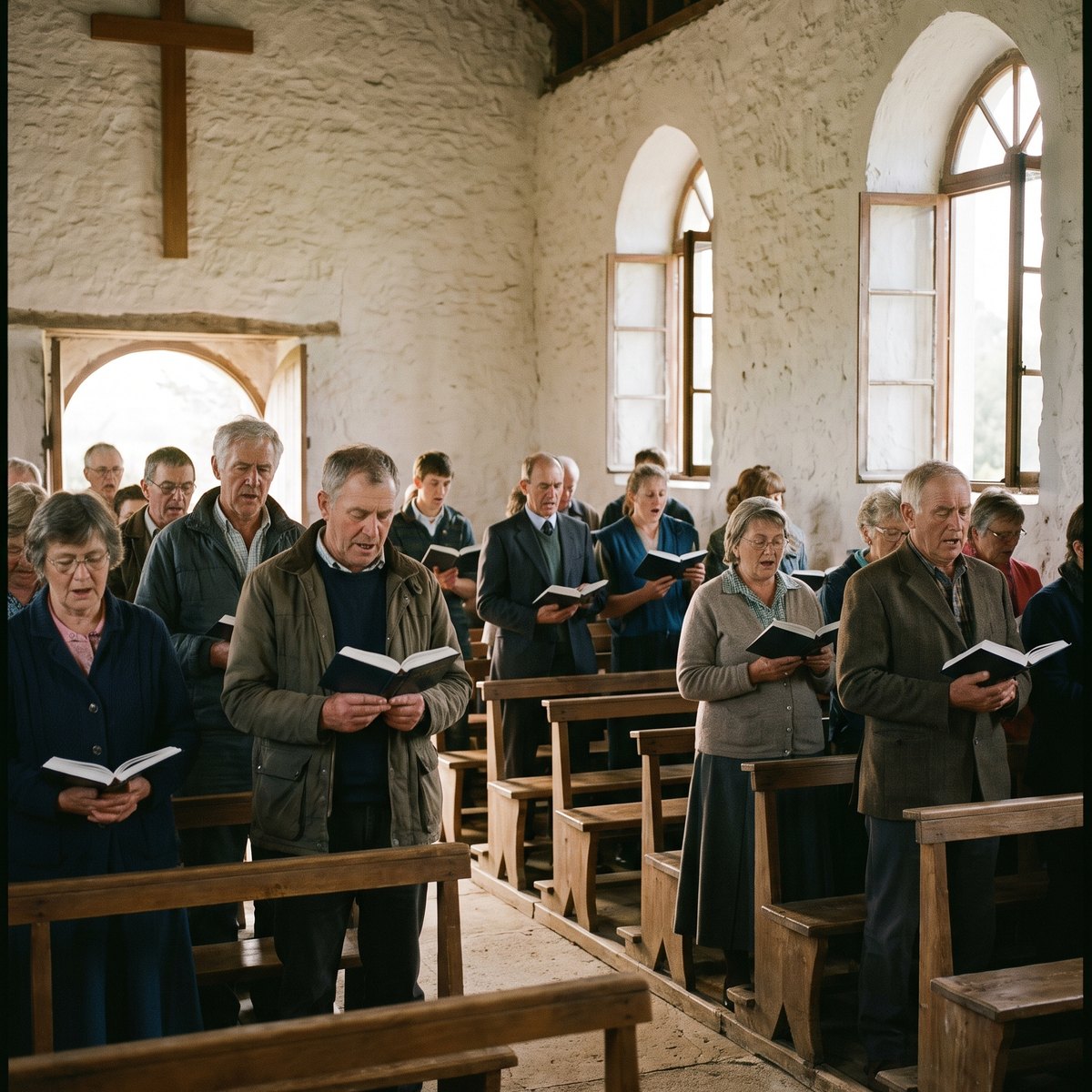A congregation singing in a simple whitewashed church