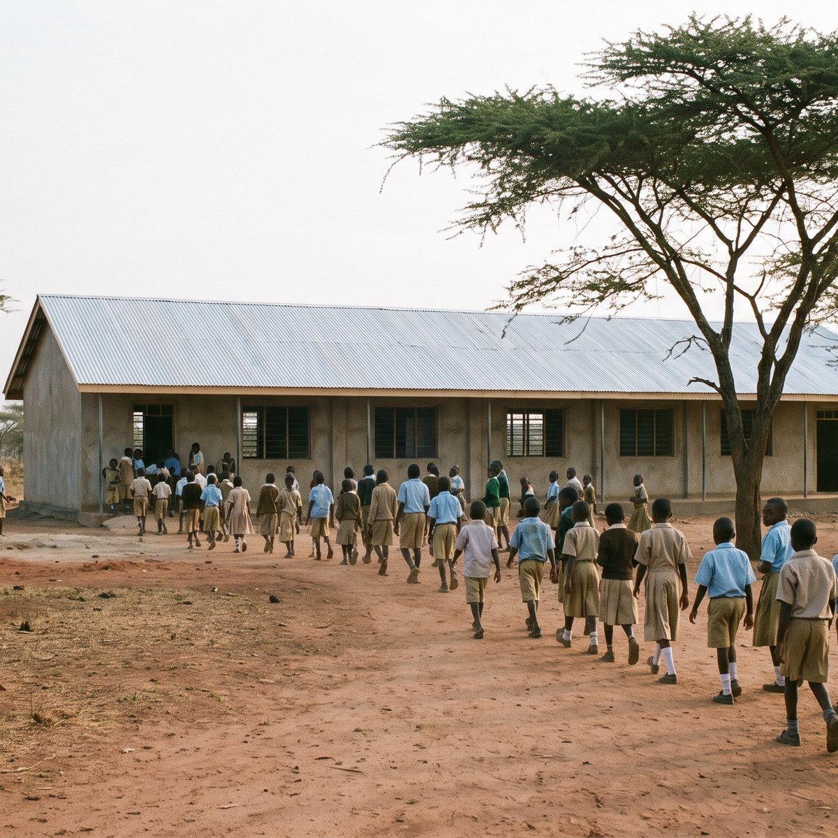 Children walking to a village school in the morning