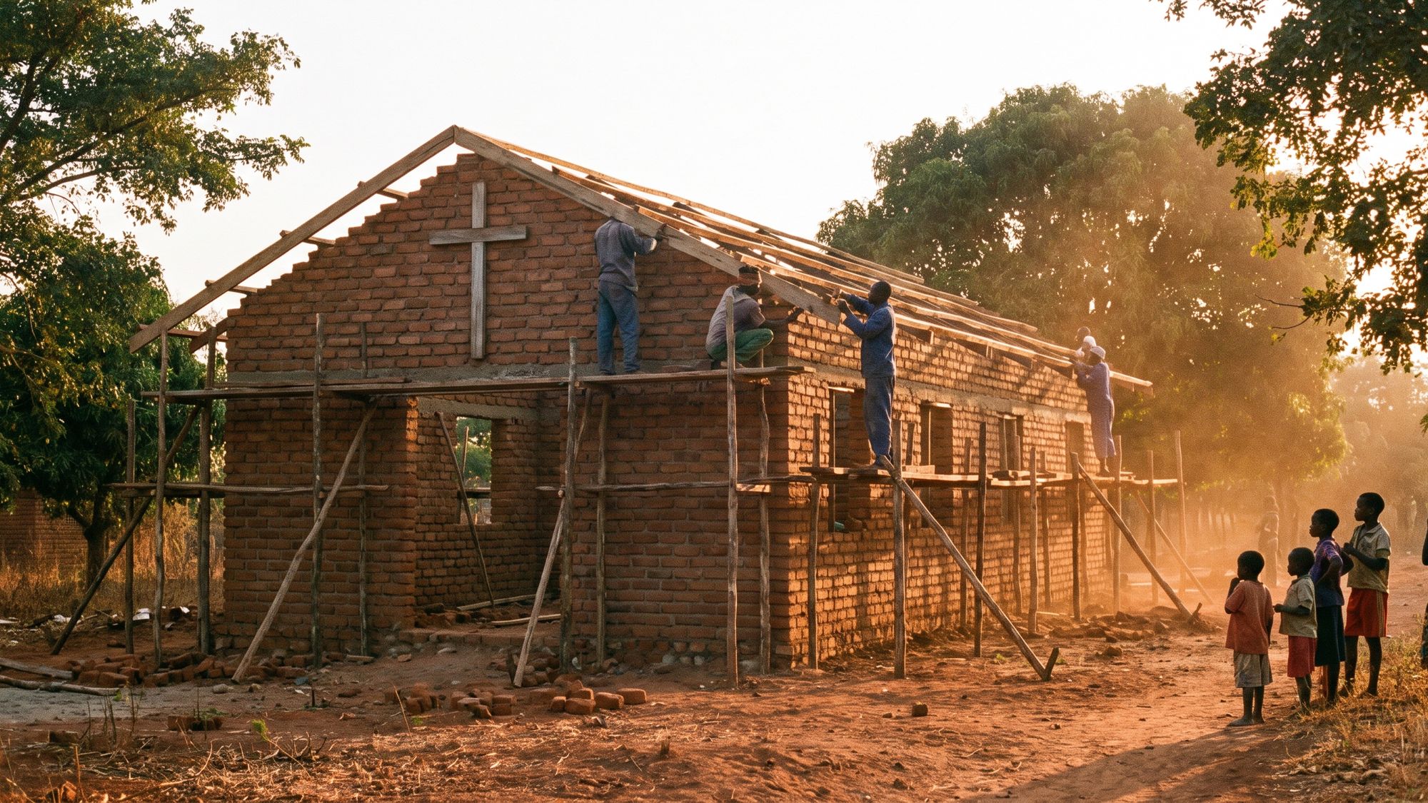 A village church under construction, builders fitting the roof beneath the cross