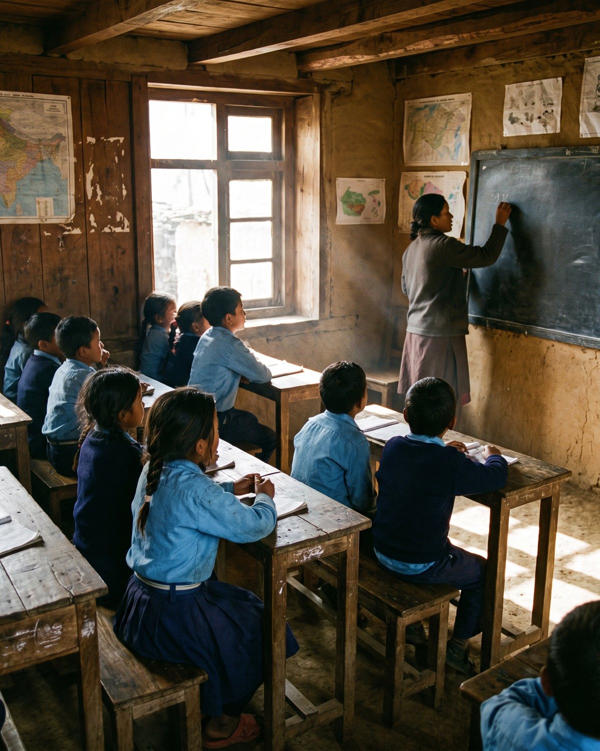 Children in a simple one room school, a teacher writing on the chalkboard
